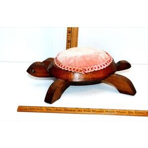 Wooden Turtle Pincushion Unique Handmade 10" Orange Cushion